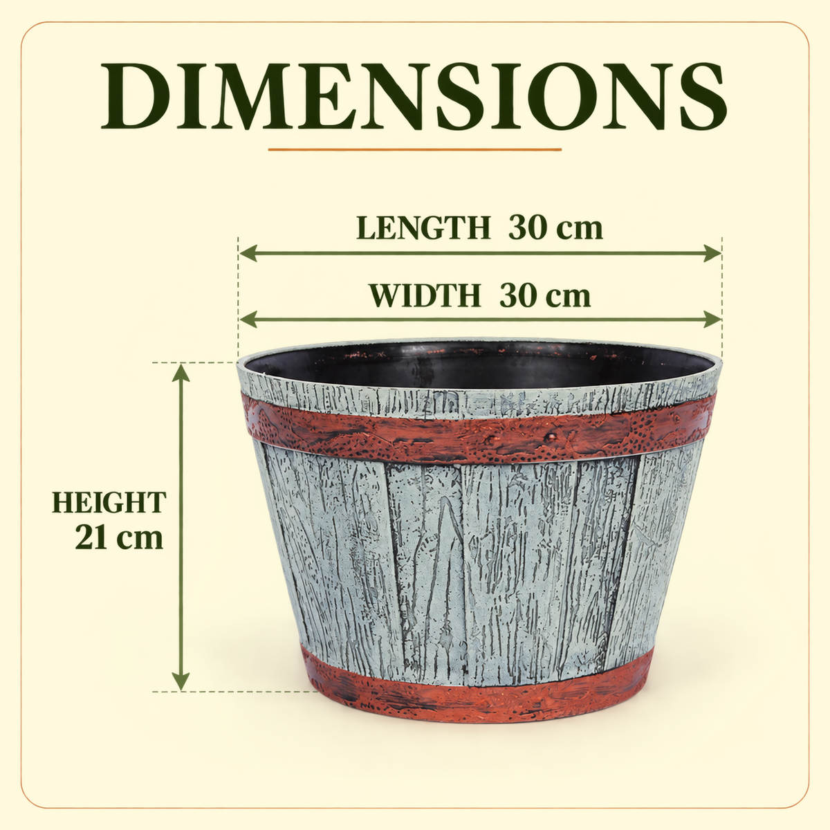 Wooden Barrel Design Flower Plastic Planter Pot – 12 Inch Round Indoor/Outdoor Set of 2 –  Barrel Style Plant Pots for Home, Balcony, Terrace & Office Decor