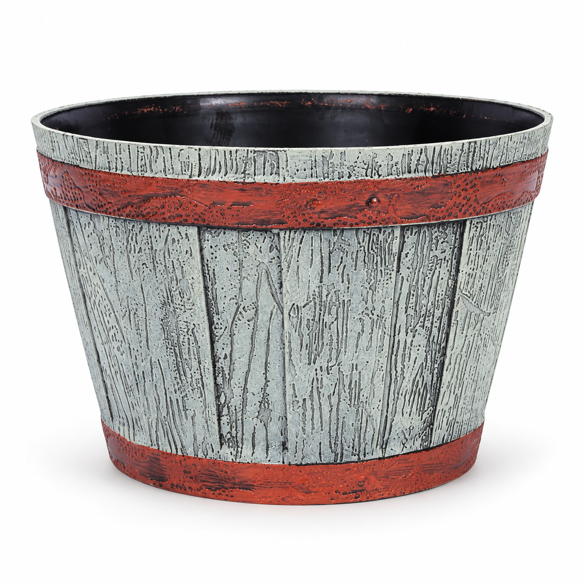 Wooden Barrel Design Flower Plastic Planter Pot – 12 Inch Round Indoor/Outdoor Set of 2 –  Barrel Style Plant Pots for Home, Balcony, Terrace & Office Decor