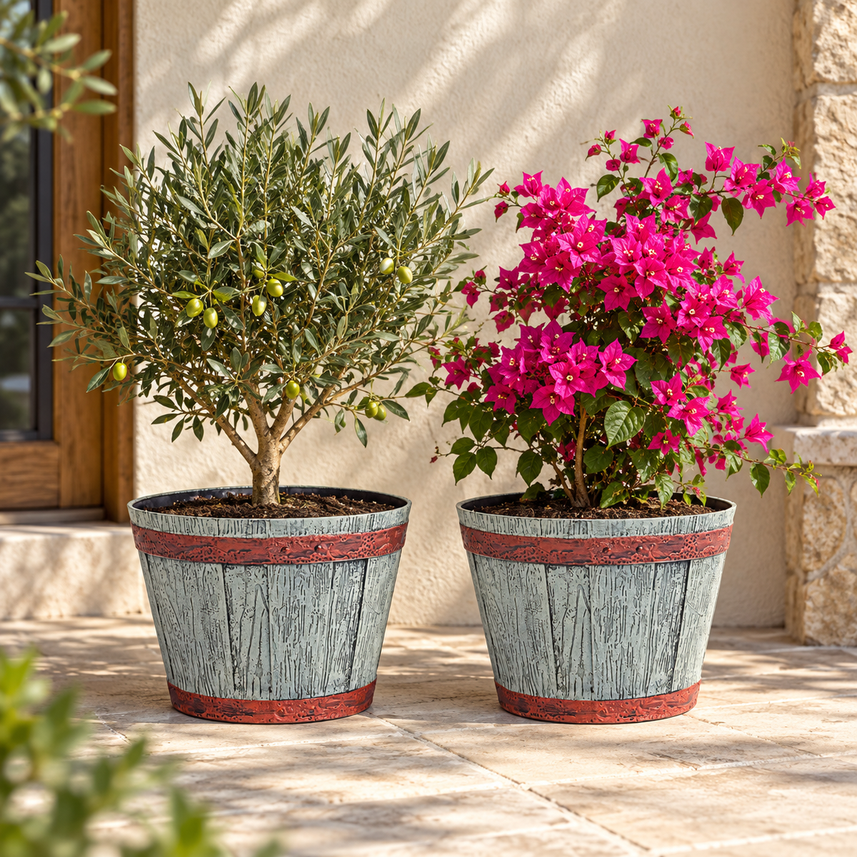 Wooden Barrel Design Flower Plastic Planter Pot – 12 Inch Round Indoor/Outdoor Set of 2 –  Barrel Style Plant Pots for Home, Balcony, Terrace & Office Decor