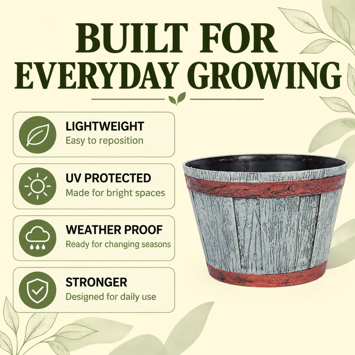 Wooden Barrel Design Flower Plastic Planter Pot – 12 Inch Round Indoor/Outdoor Set of 2 –  Barrel Style Plant Pots for Home, Balcony, Terrace & Office Decor