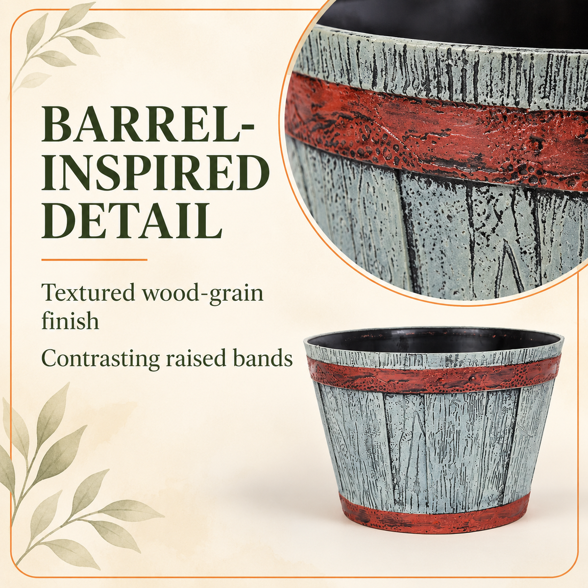 Wooden Barrel Design Flower Plastic Planter Pot – 12 Inch Round Indoor/Outdoor Set of 2 –  Barrel Style Plant Pots for Home, Balcony, Terrace & Office Decor