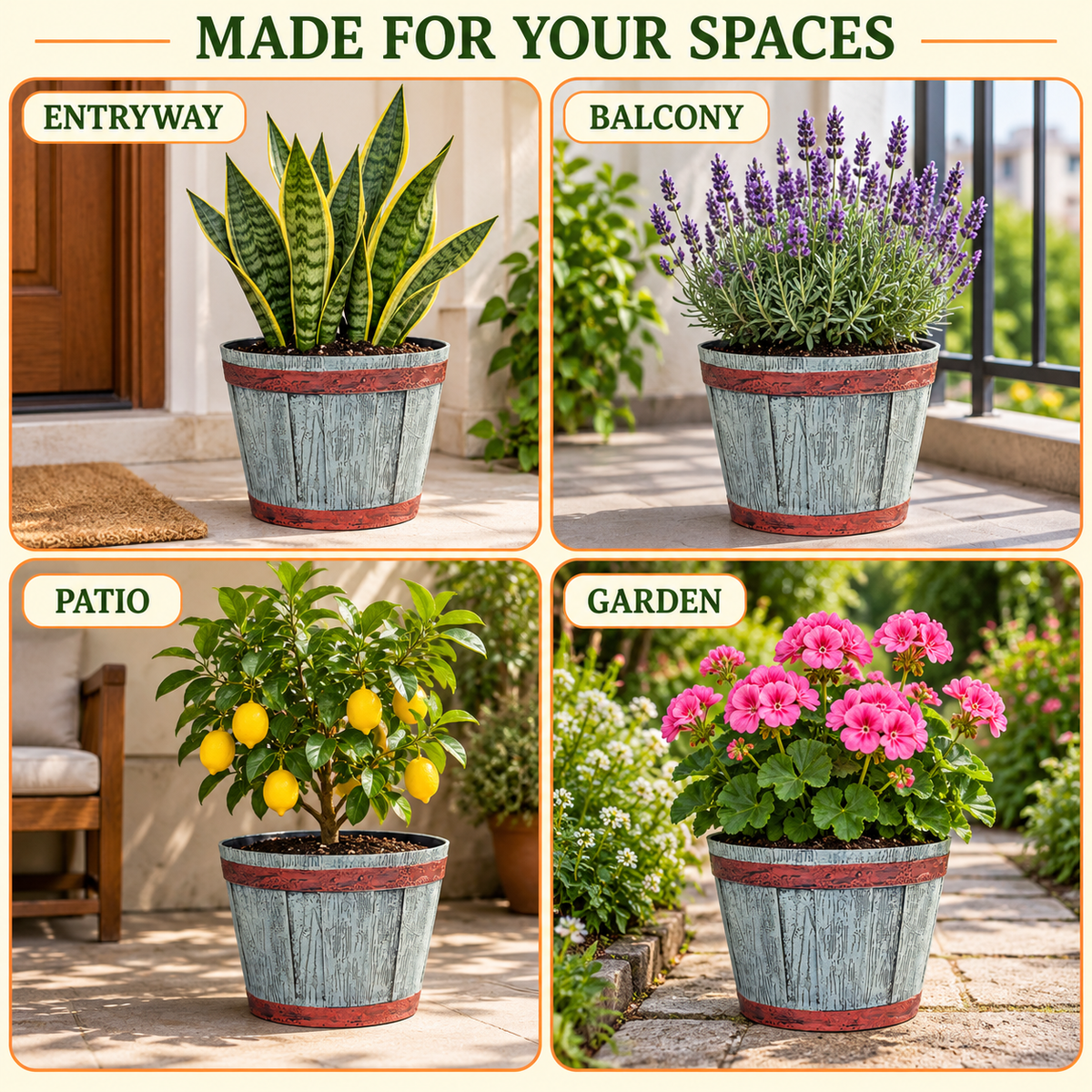 Wooden Barrel Design Flower Plastic Planter Pot – 12 Inch Round Indoor/Outdoor Set of 2 –  Barrel Style Plant Pots for Home, Balcony, Terrace & Office Decor