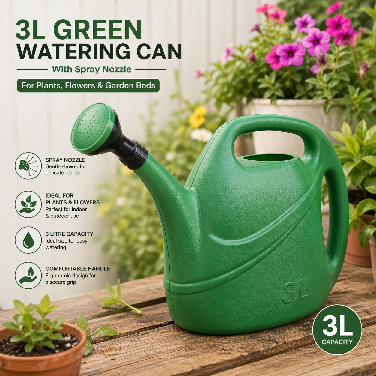3L Green Plastic Watering Can with Spray Nozzle  For Plants, Flowers & Garden Beds