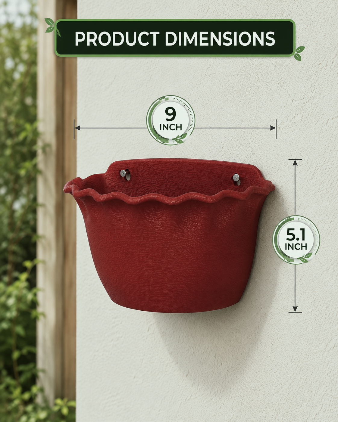 9" Wall-Mount Scalloped Planter Pot – Weather-Resistant Outdoor/Indoor Flower Pot with Hanging Holes, Brick Terracotta