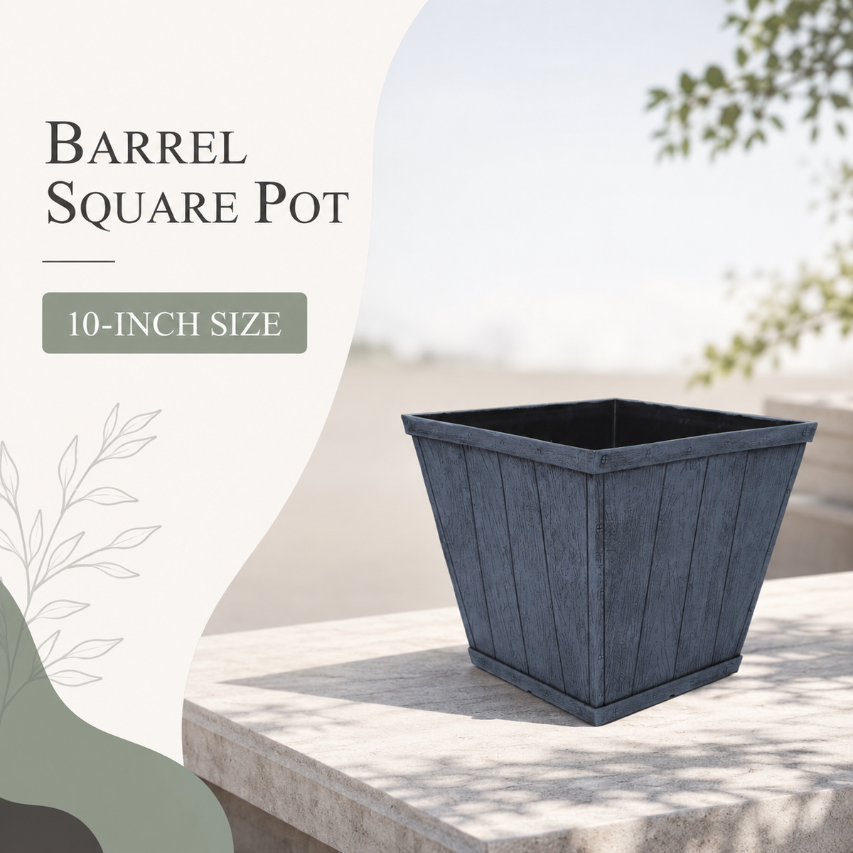 Square 10 Inch Barrel Flower Planter Pot, Weathered Wood-Finish Design /Home/Office Decor – Set of 2