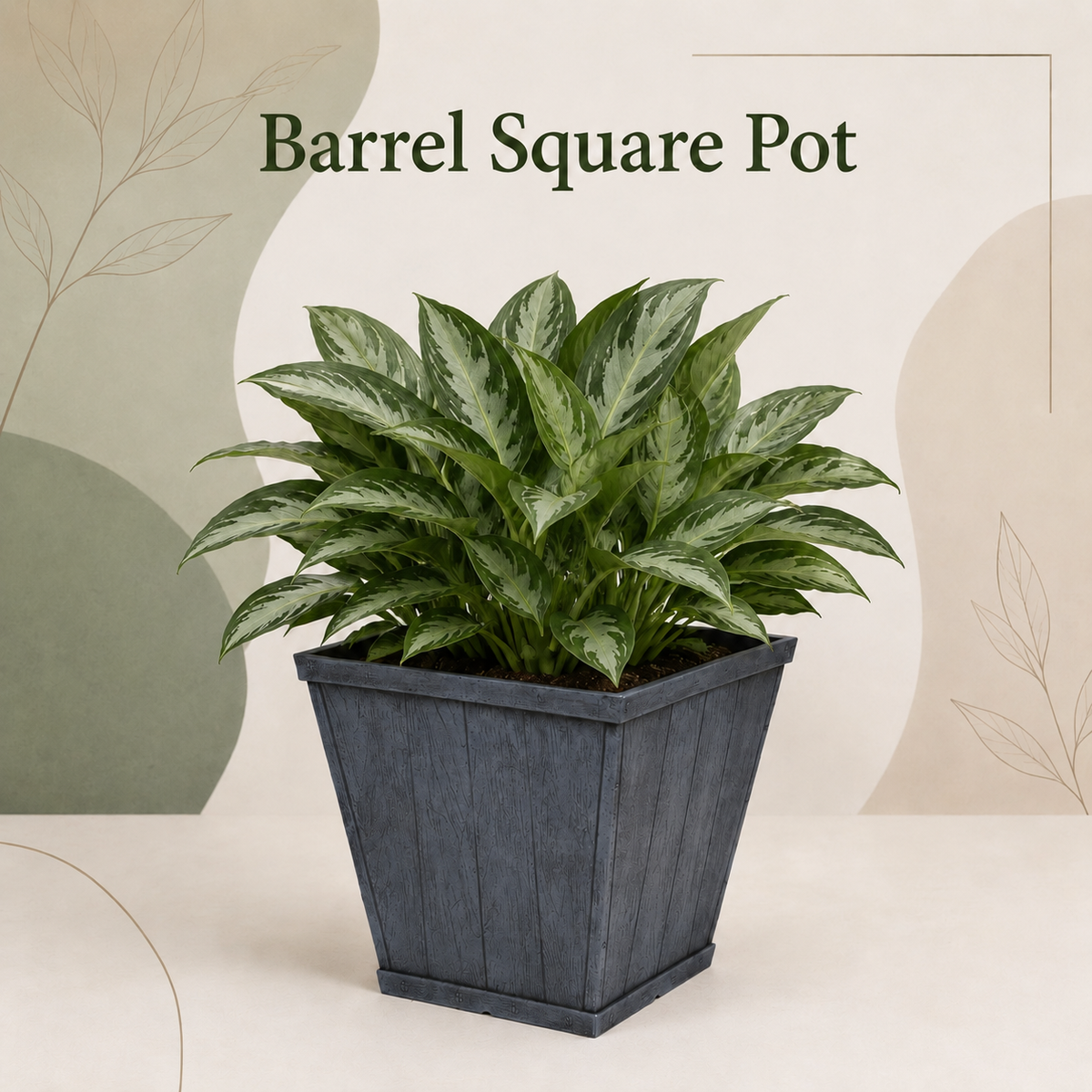 Square 10 Inch Barrel Flower Planter Pot, Weathered Wood-Finish Design /Home/Office Decor – Set of 2