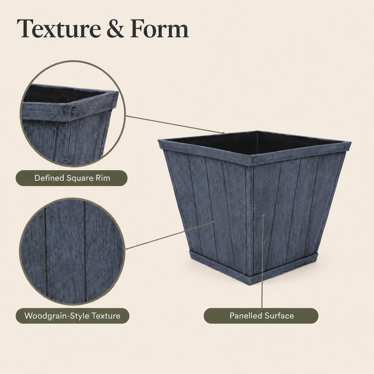 Square 10 Inch Barrel Flower Planter Pot, Weathered Wood-Finish Design /Home/Office Decor – Set of 2