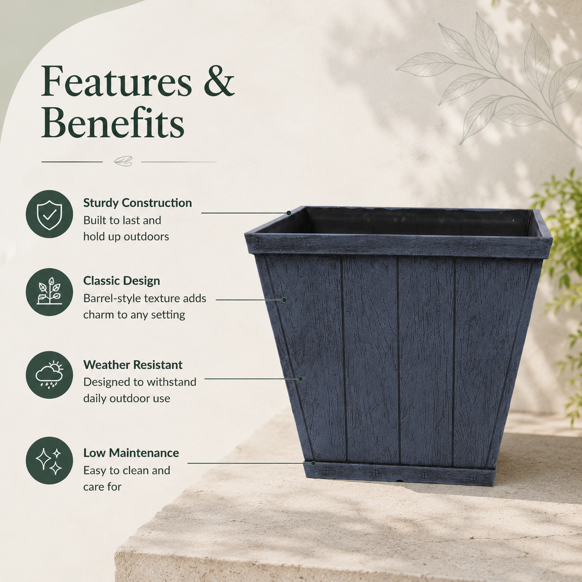 Square 10 Inch Barrel Flower Planter Pot, Weathered Wood-Finish Design /Home/Office Decor – Set of 2