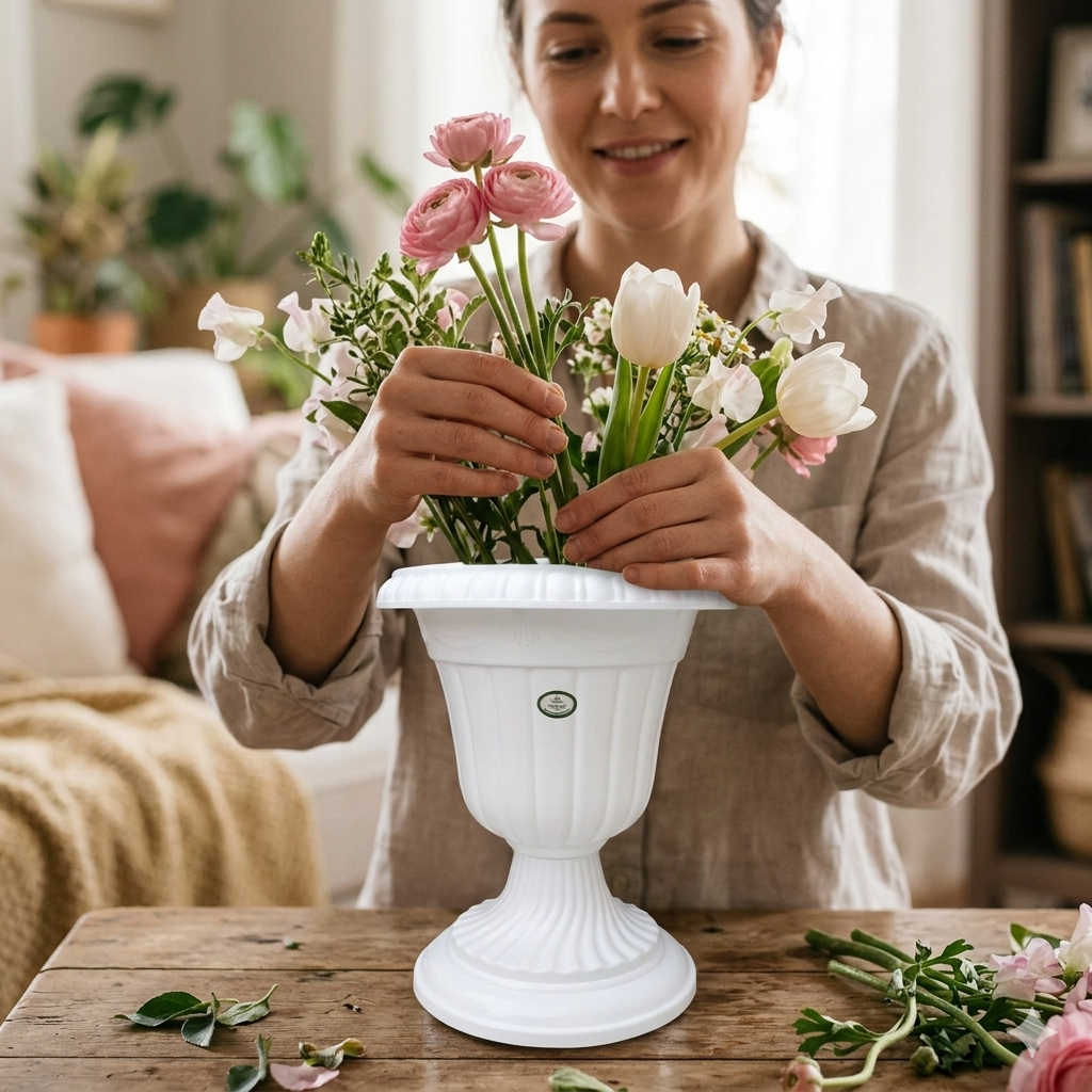 13 Inch Decorative Tulip Flower Vase  White Plastic Flower Holder for Home & Tabletop Decor