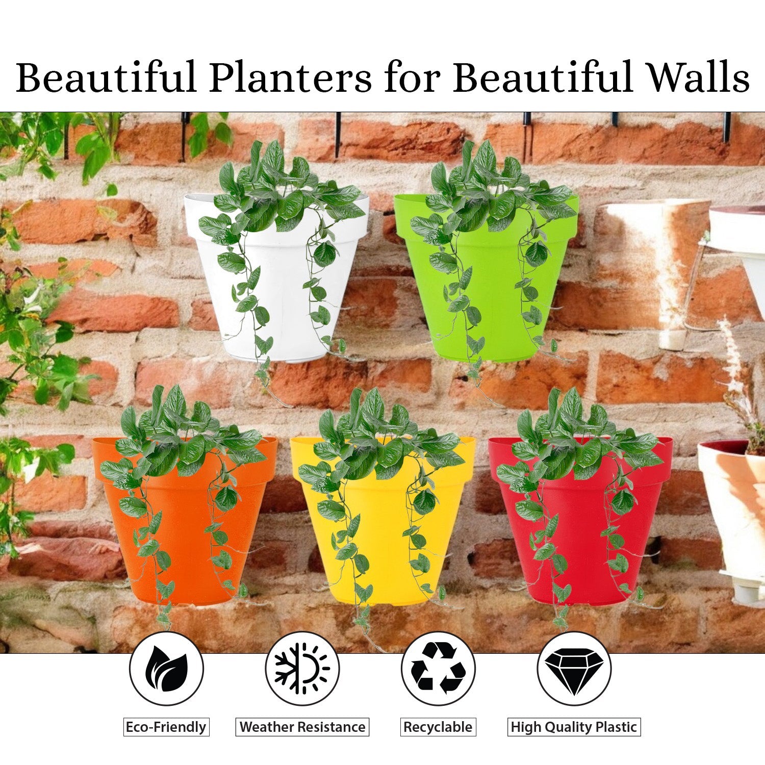 7 Inch Designer Wall Mount Hanging Planters (Set of 5, Multi) Stylish Hanging Pots for Indoor & Outdoor Decor