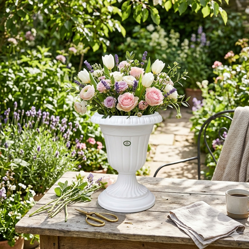 13 Inch Decorative Tulip Flower Vase  White Plastic Flower Holder for Home & Tabletop Decor