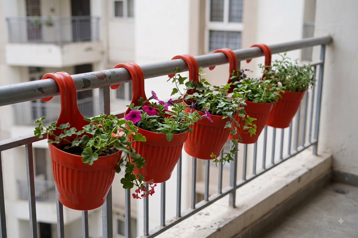 Dzire Wall Hanging Flower Pot – 7 Inch Ribbed Planter with Hook Handle | Set of 5