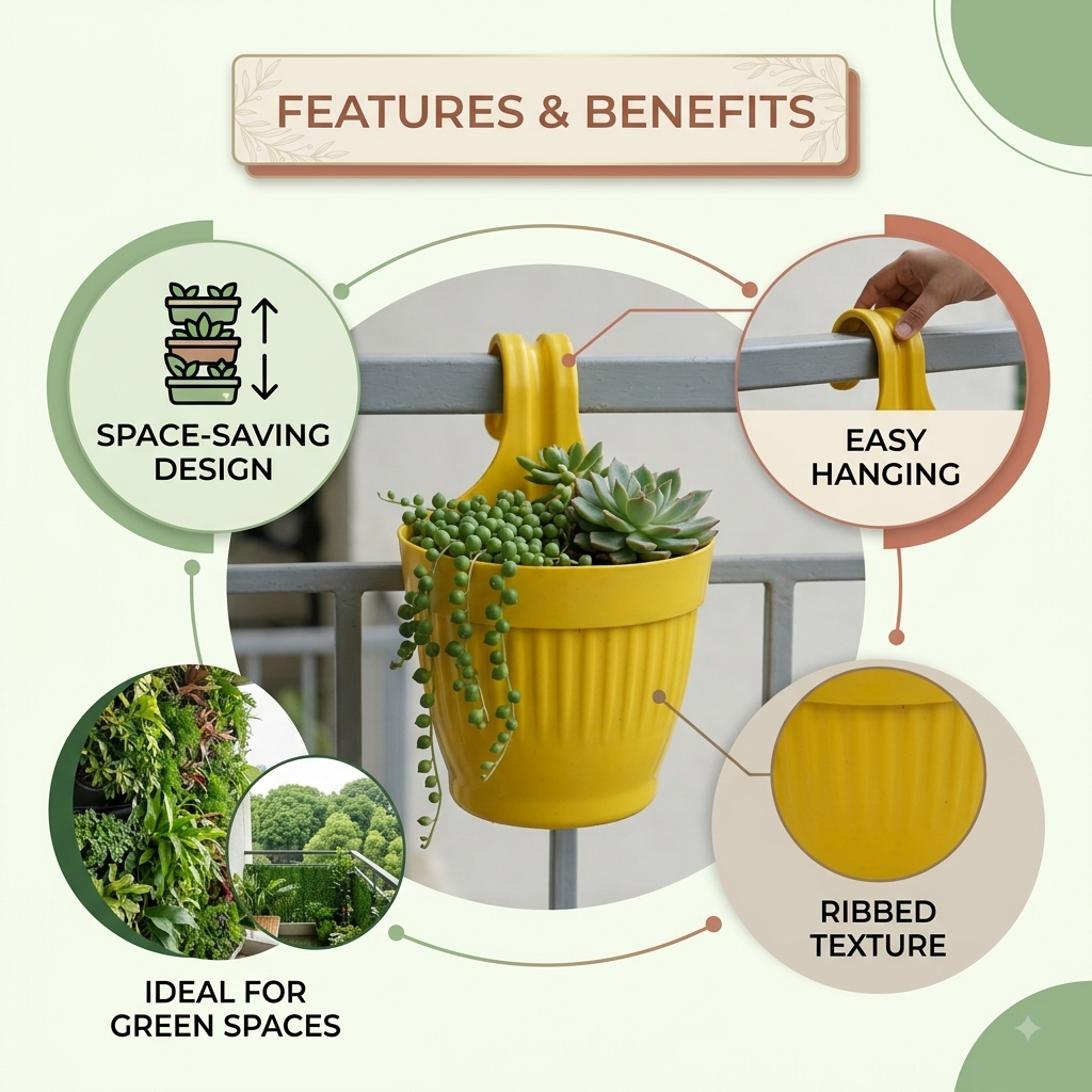 Dzire Wall Hanging Flower Pot – 7 Inch Ribbed Planter with Hook Handle | Set of 5