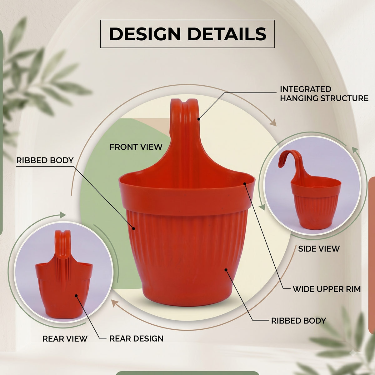 Dzire Wall Hanging Flower Pot – 7 Inch Ribbed Planter with Hook Handle | Set of 5