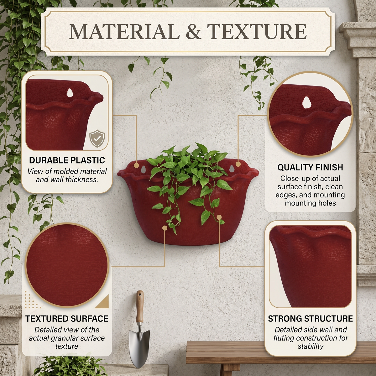 9" Wall-Mount Scalloped Planter Pot – Weather-Resistant Outdoor/Indoor Flower Pot with Hanging Holes, Brick Terracotta