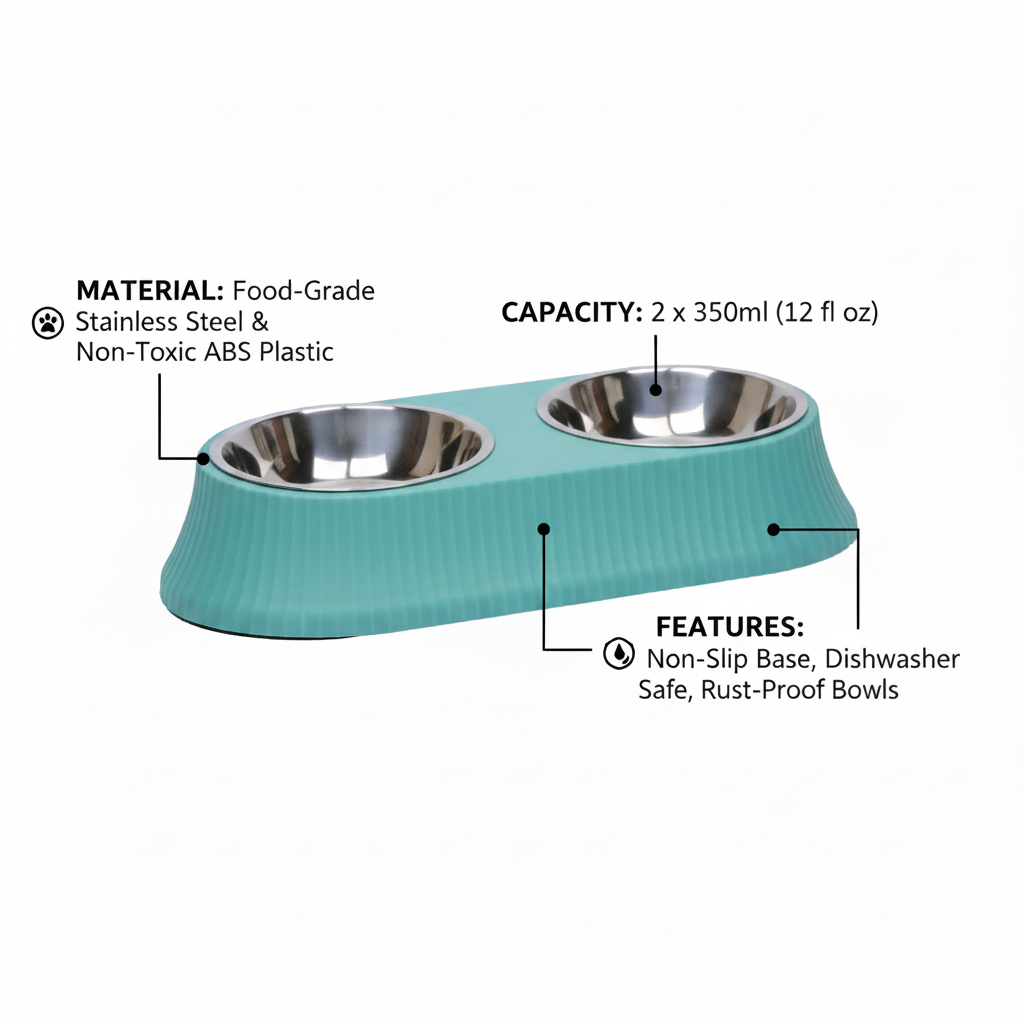 Stainless Steel Double Dog & Cat Bowl Set with Non-Slip Base – 12.5 Inch