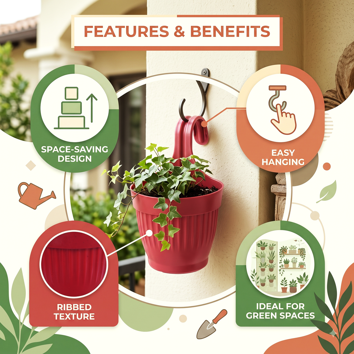 Dzire Wall Hanging Flower Pot – 7 Inch Ribbed Planter with Hook Handle | Set of 5