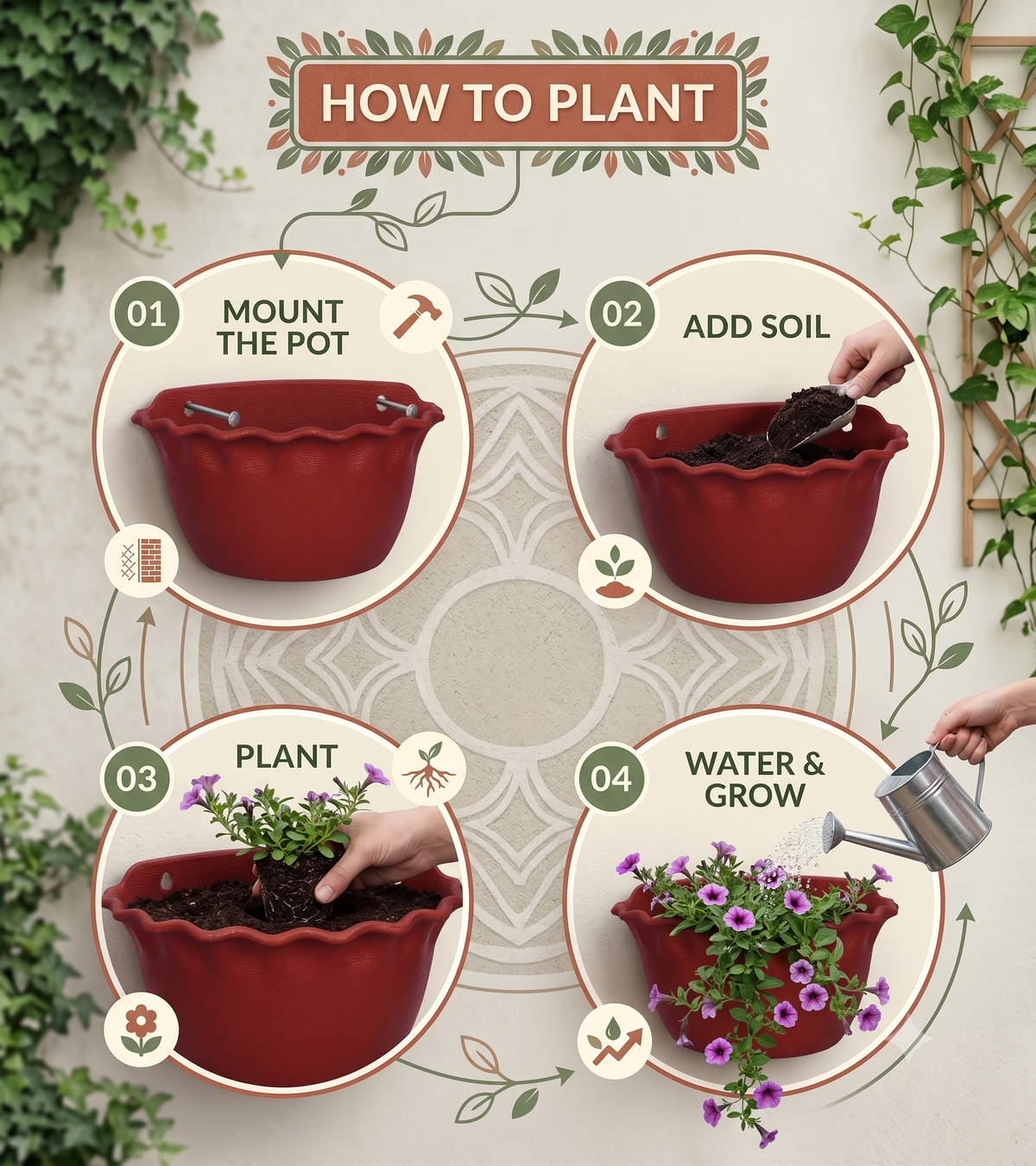 9" Wall-Mount Scalloped Planter Pot – Weather-Resistant Outdoor/Indoor Flower Pot with Hanging Holes, Brick Terracotta