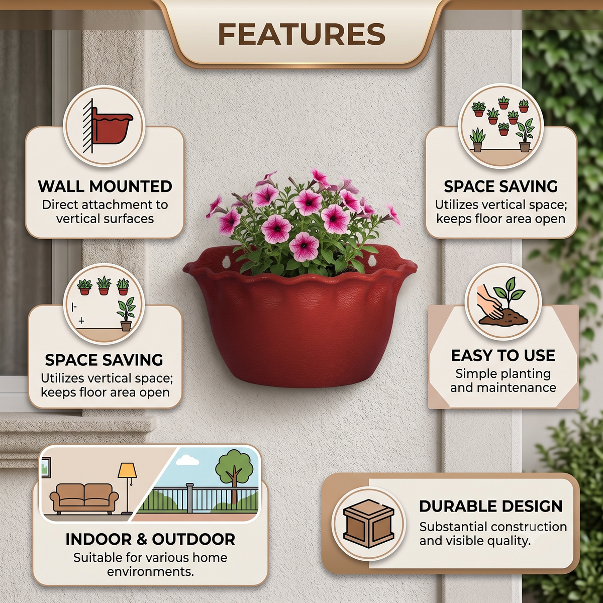 12" Platinum Wall Planter  Pot – Scalloped Rim Hanging Planter, Set of 4 (12" Terracotta)