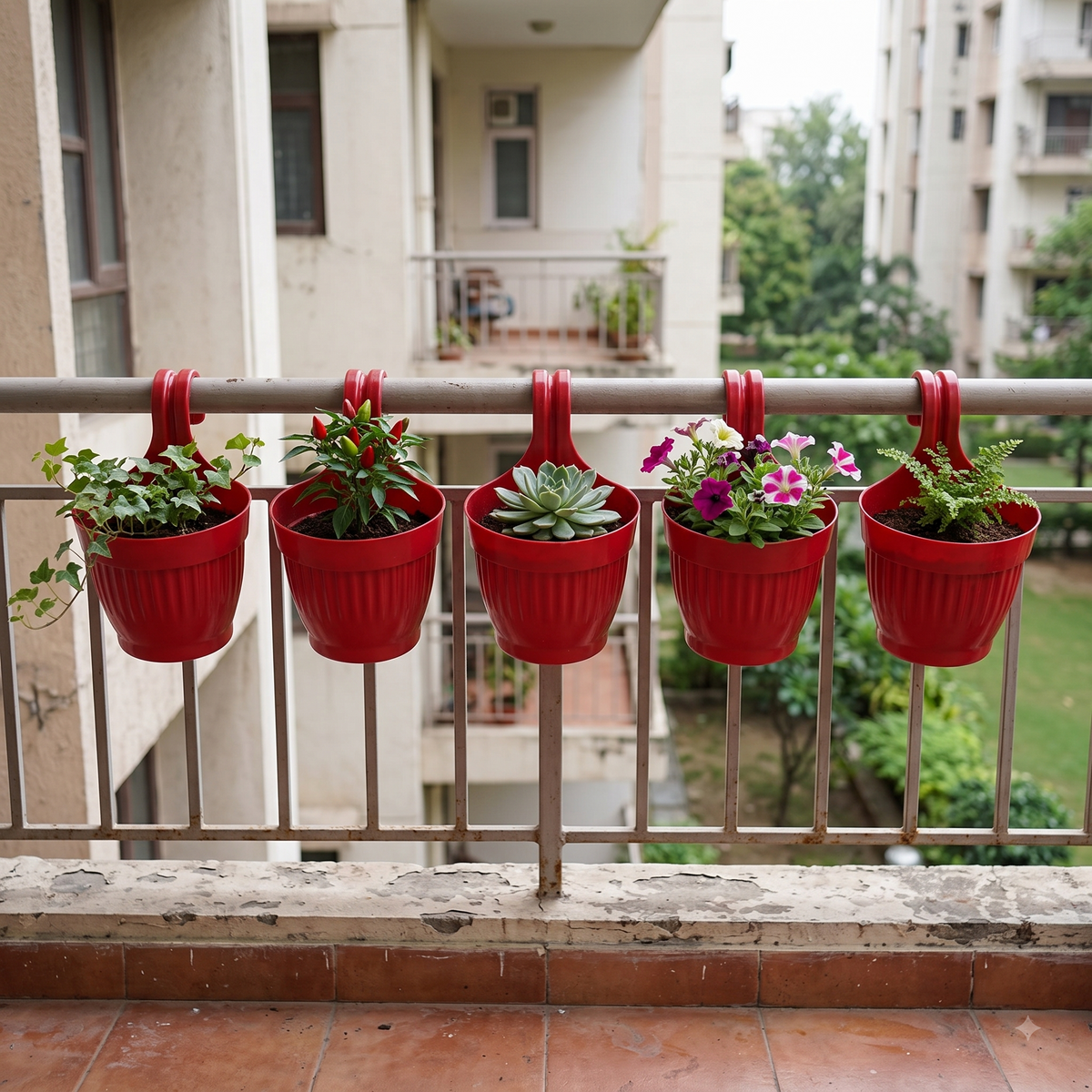 Dzire Wall Hanging Flower Pot – 7 Inch Ribbed Planter with Hook Handle | Set of 5