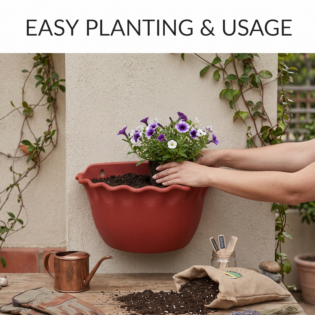 9" Wall-Mount Scalloped Planter Pot – Weather-Resistant Outdoor/Indoor Flower Pot with Hanging Holes, Brick Terracotta