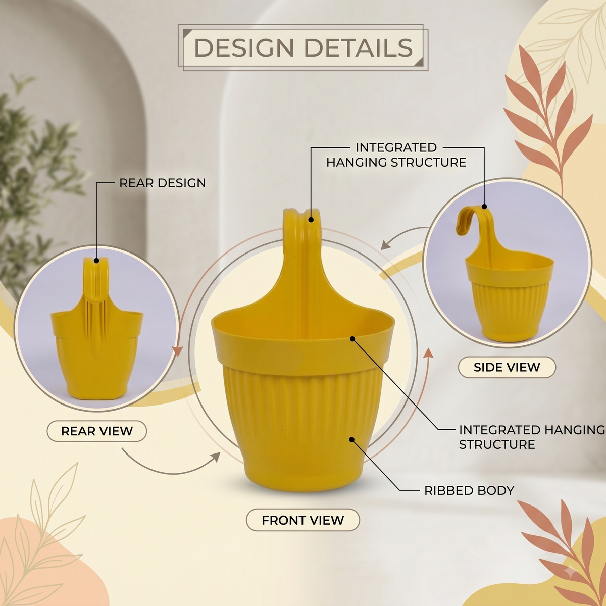 Dzire Wall Hanging Flower Pot – 7 Inch Ribbed Planter with Hook Handle | Set of 5