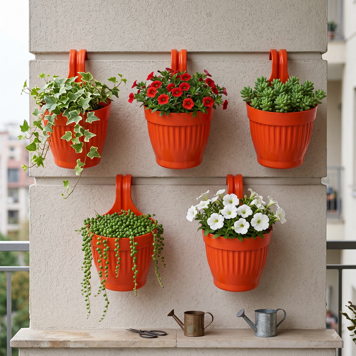 Dzire Wall Hanging Flower Pot – 7 Inch Ribbed Planter with Hook Handle | Set of 5