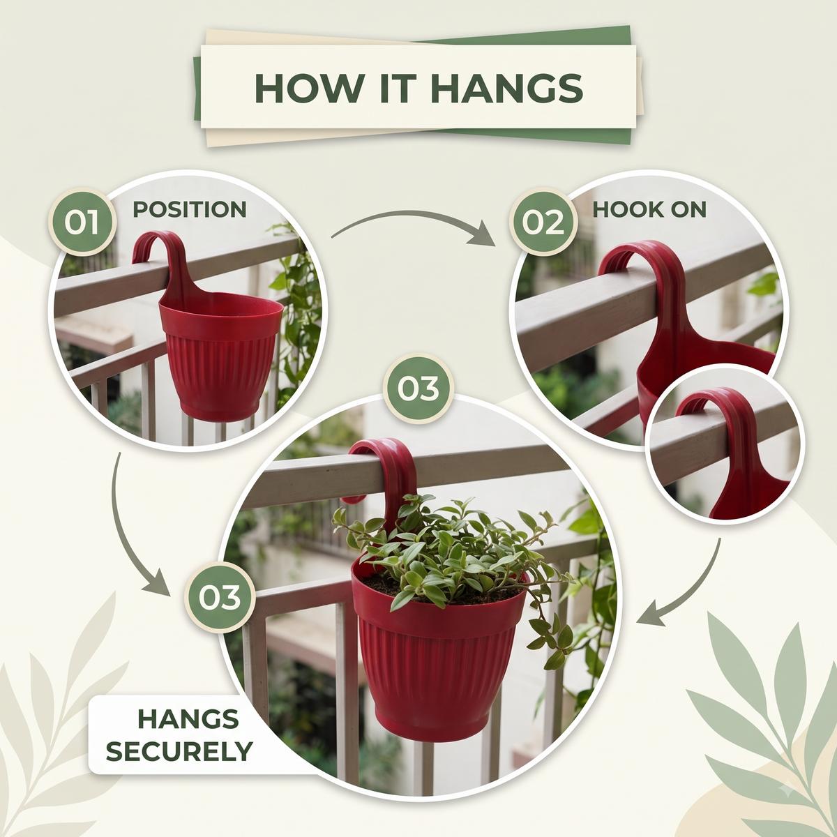 Dzire Wall Hanging Flower Pot – 7 Inch Ribbed Planter with Hook Handle | Set of 5