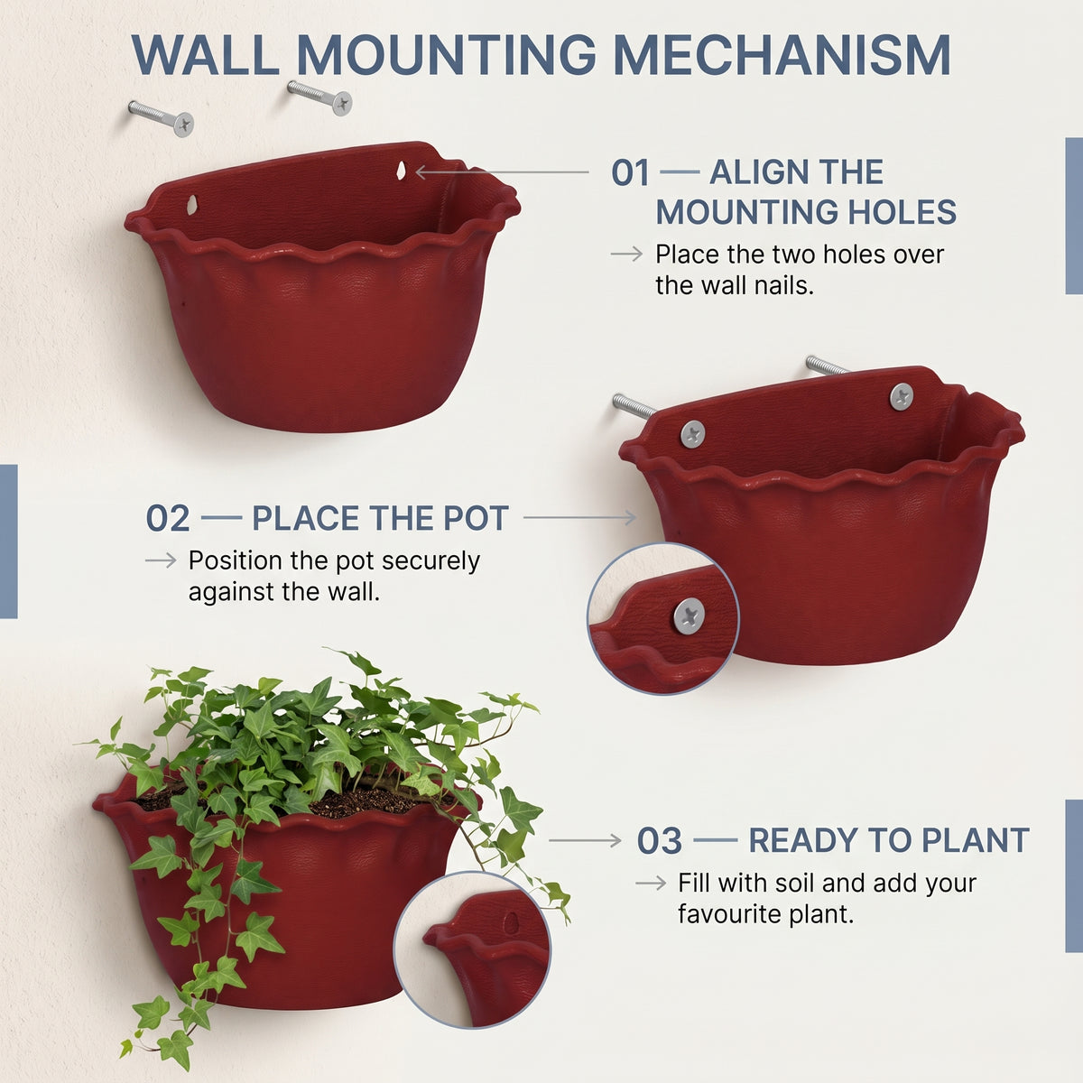 9" Wall-Mount Scalloped Planter Pot – Weather-Resistant Outdoor/Indoor Flower Pot with Hanging Holes, Brick Terracotta