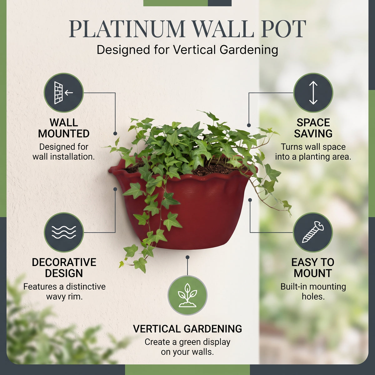 12" Platinum Wall Planter  Pot – Scalloped Rim Hanging Planter, Set of 4 (12" Terracotta)