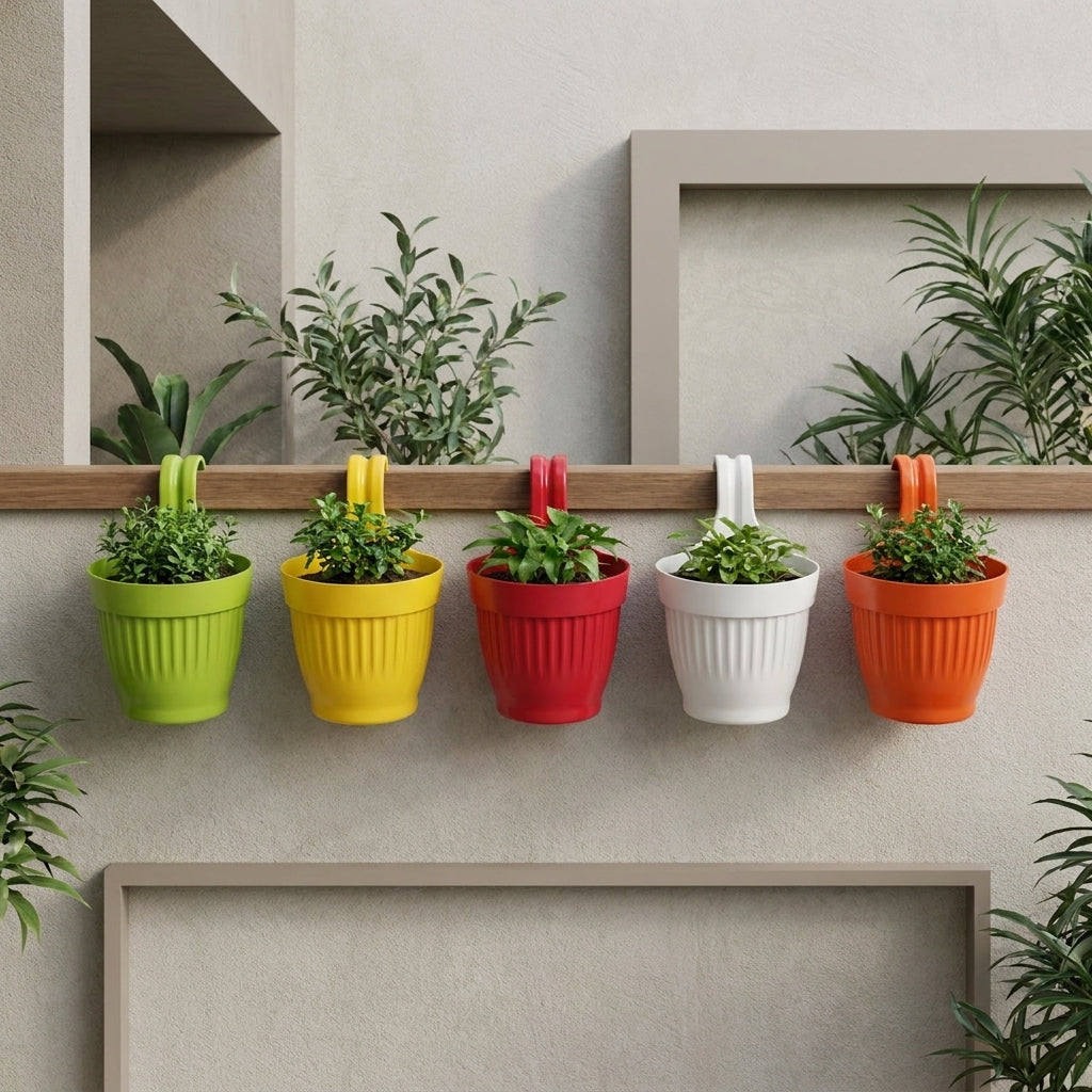 Dzire Wall Hanging Flower Pot – 7 Inch Ribbed Planter with Hook Handle | Set of 5