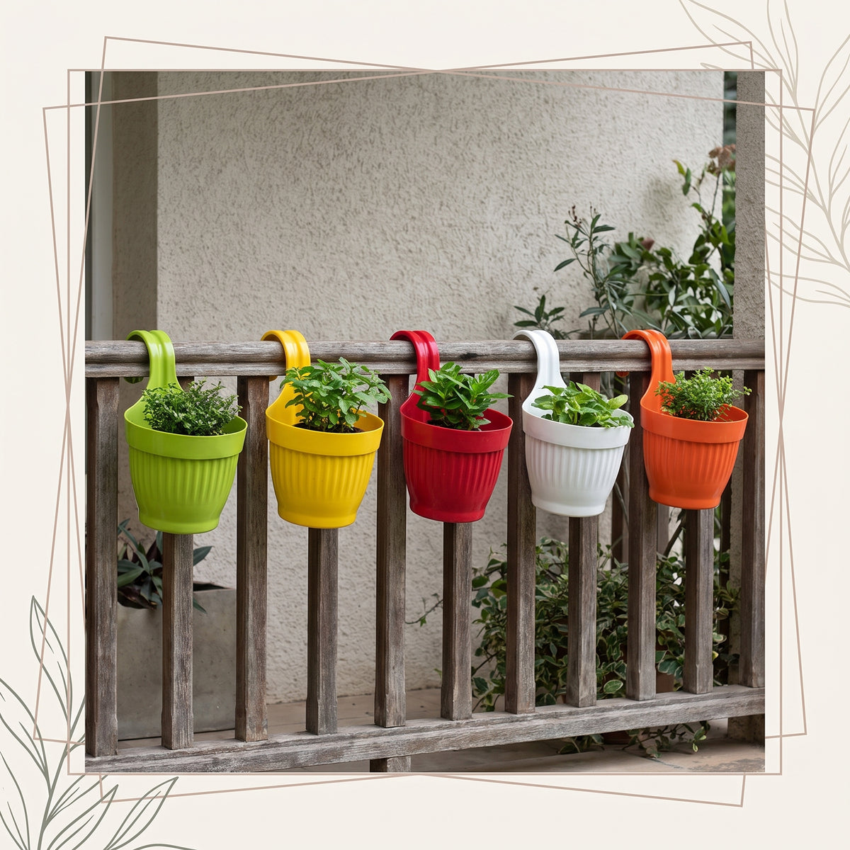 Dzire Wall Hanging Flower Pot – 7 Inch Ribbed Planter with Hook Handle | Set of 5