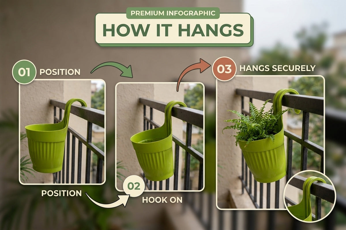 Dzire Wall Hanging Flower Pot – 7 Inch Ribbed Planter with Hook Handle | Set of 5