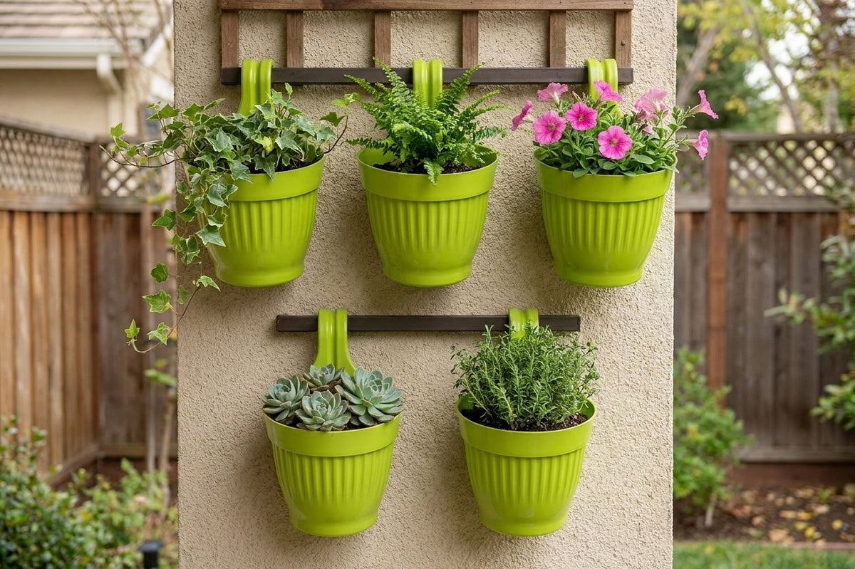 Dzire Wall Hanging Flower Pot – 7 Inch Ribbed Planter with Hook Handle | Set of 5