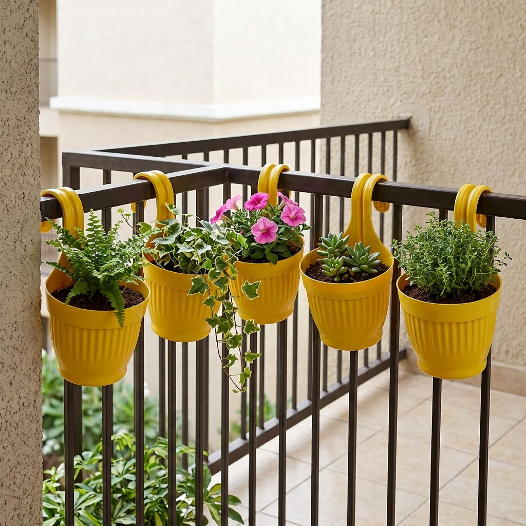 Dzire Wall Hanging Flower Pot – 7 Inch Ribbed Planter with Hook Handle | Set of 5