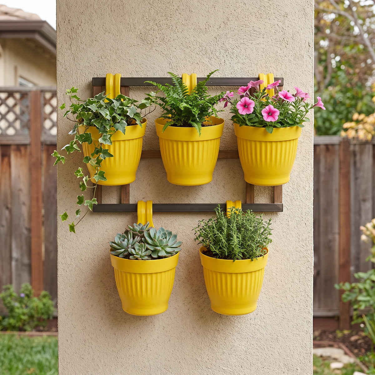 Dzire Wall Hanging Flower Pot – 7 Inch Ribbed Planter with Hook Handle | Set of 5