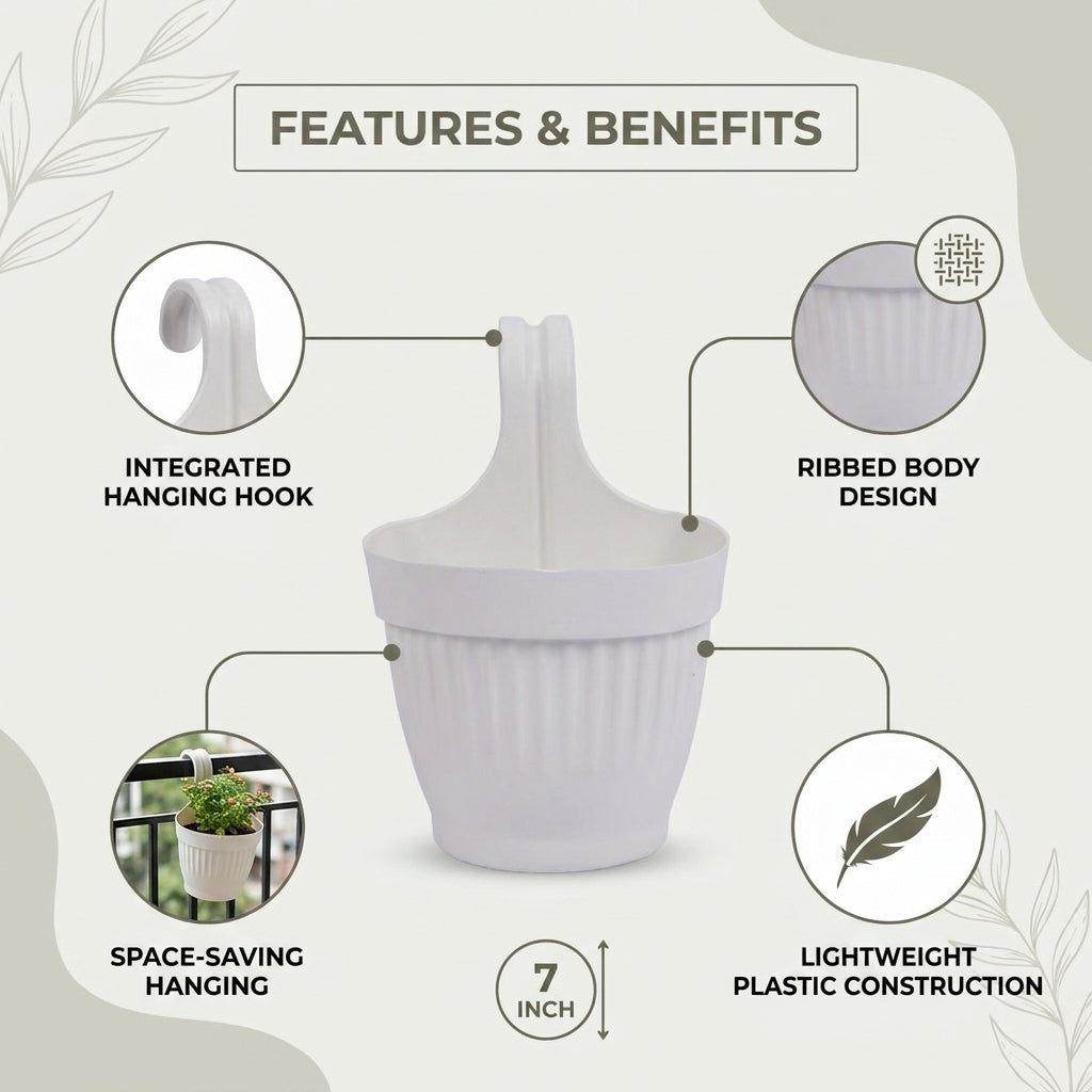 Dzire Wall Hanging Flower Pot – 7 Inch Ribbed Planter with Hook Handle | Set of 5