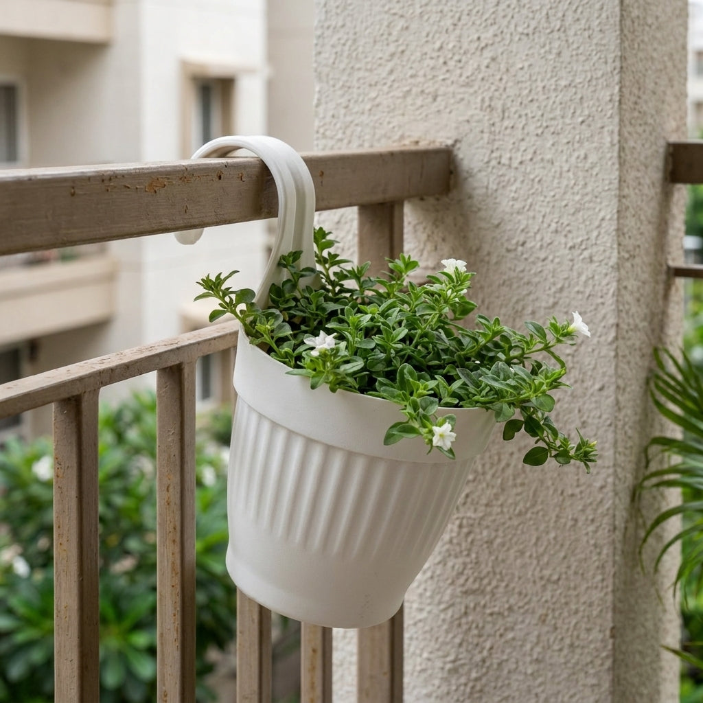 Dzire Wall Hanging Flower Pot – 7 Inch Ribbed Planter with Hook Handle | Set of 5