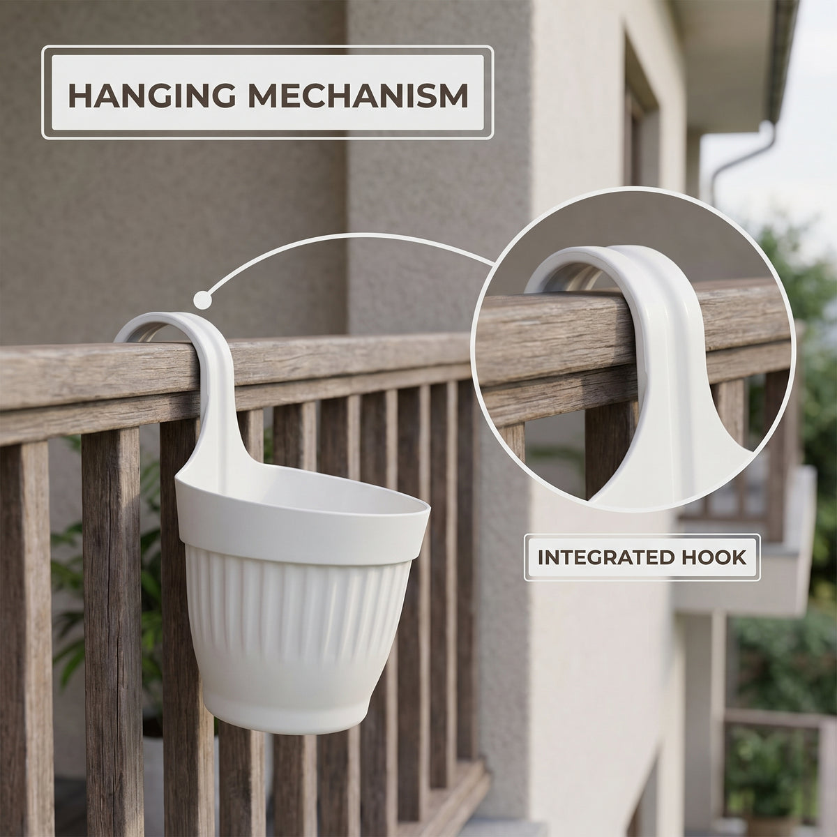Dzire Wall Hanging Flower Pot – 7 Inch Ribbed Planter with Hook Handle | Set of 5