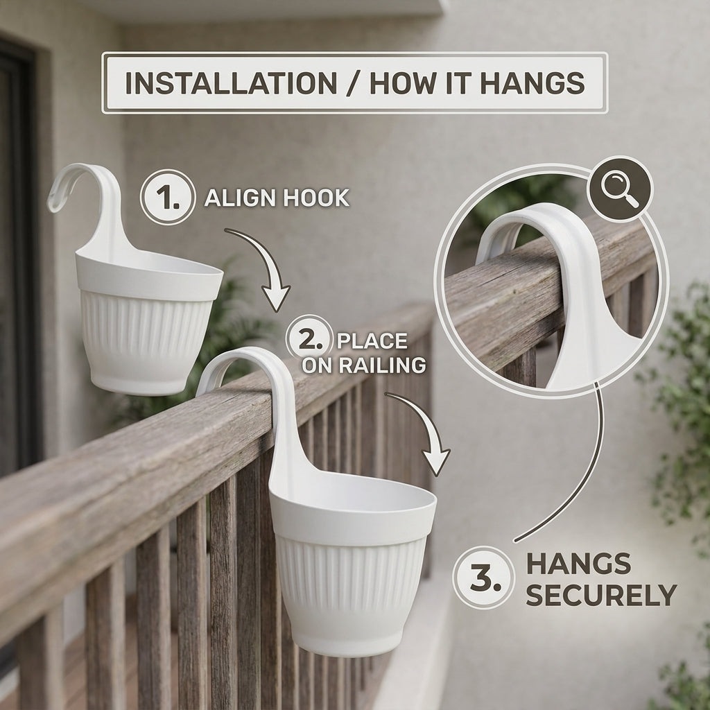 Dzire Wall Hanging Flower Pot – 7 Inch Ribbed Planter with Hook Handle | Set of 5
