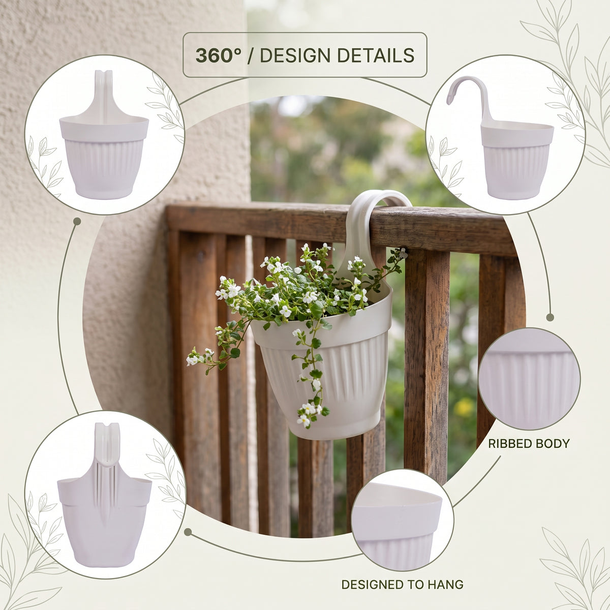 Dzire Wall Hanging Flower Pot – 7 Inch Ribbed Planter with Hook Handle | Set of 5