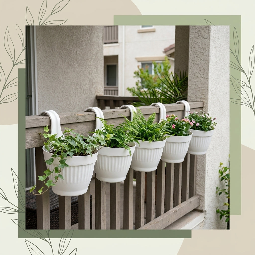 Dzire Wall Hanging Flower Pot – 7 Inch Ribbed Planter with Hook Handle | Set of 5