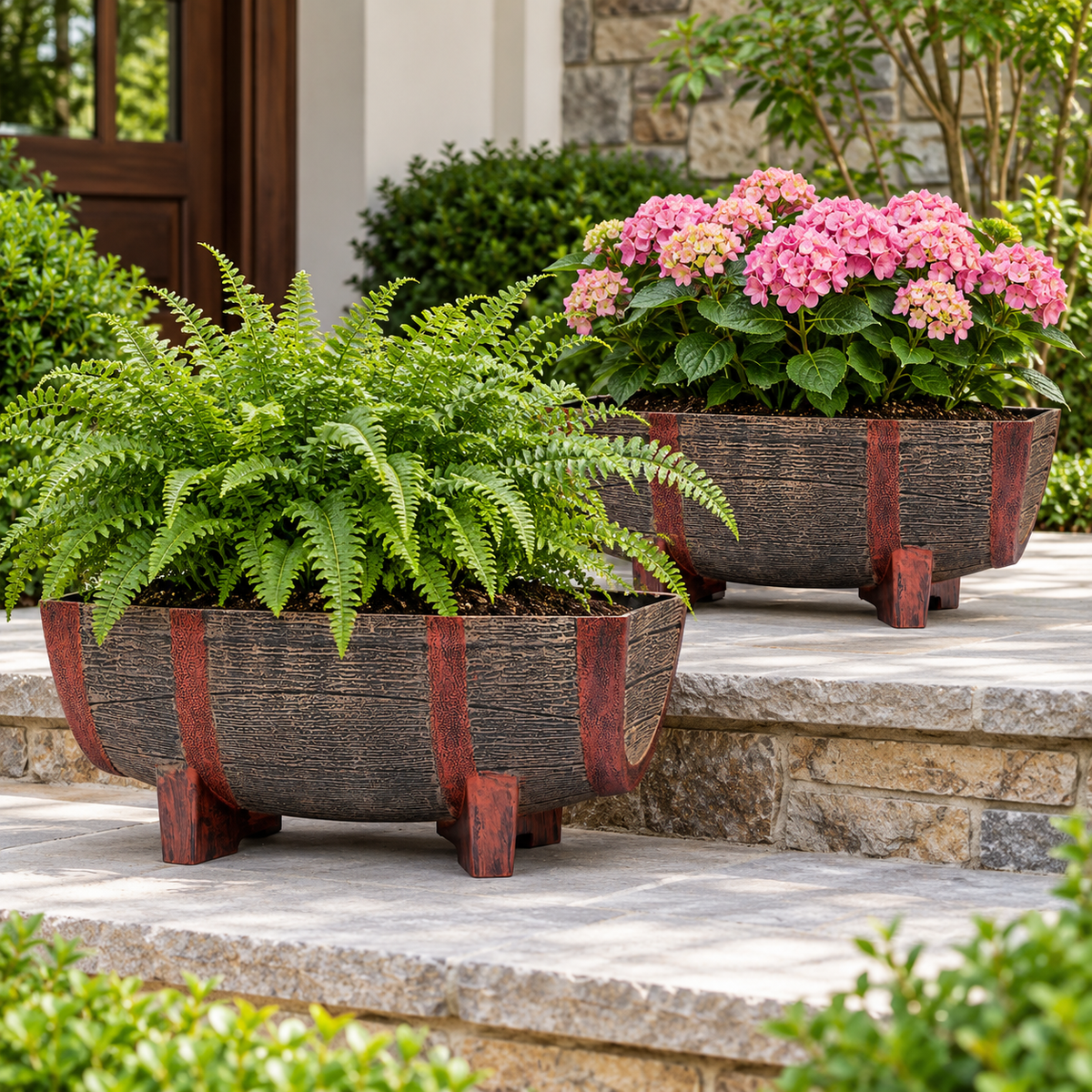 Rectangular 16 Inch Half Barrel Flower Planter Pot, Balcony, Home Decor - Set of 2