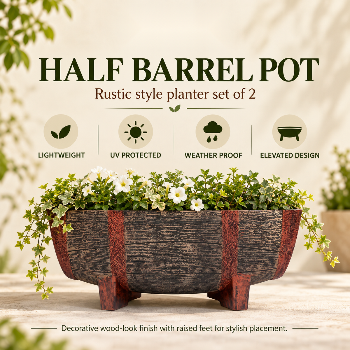 Rectangular 16 Inch Half Barrel Flower Planter Pot, Balcony, Home Decor - Set of 2