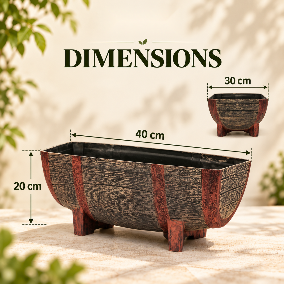 Rectangular 16 Inch Half Barrel Flower Planter Pot, Balcony, Home Decor - Set of 2