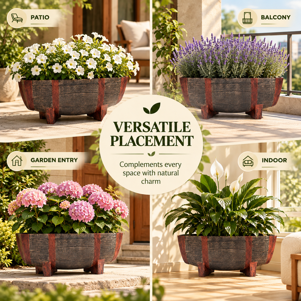 Rectangular 16 Inch Half Barrel Flower Planter Pot, Balcony, Home Decor - Set of 2