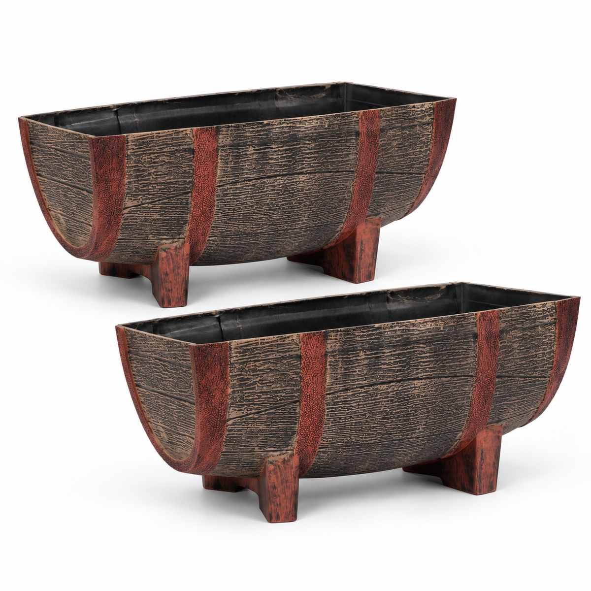 Rectangular 16 Inch Half Barrel Flower Planter Pot, Balcony, Home Decor - Set of 2