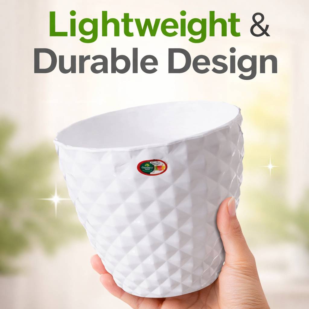 6 Inch Kohinoor Round Planter Set of 8 White Plastic Pots for Home, Garden & Office Decor