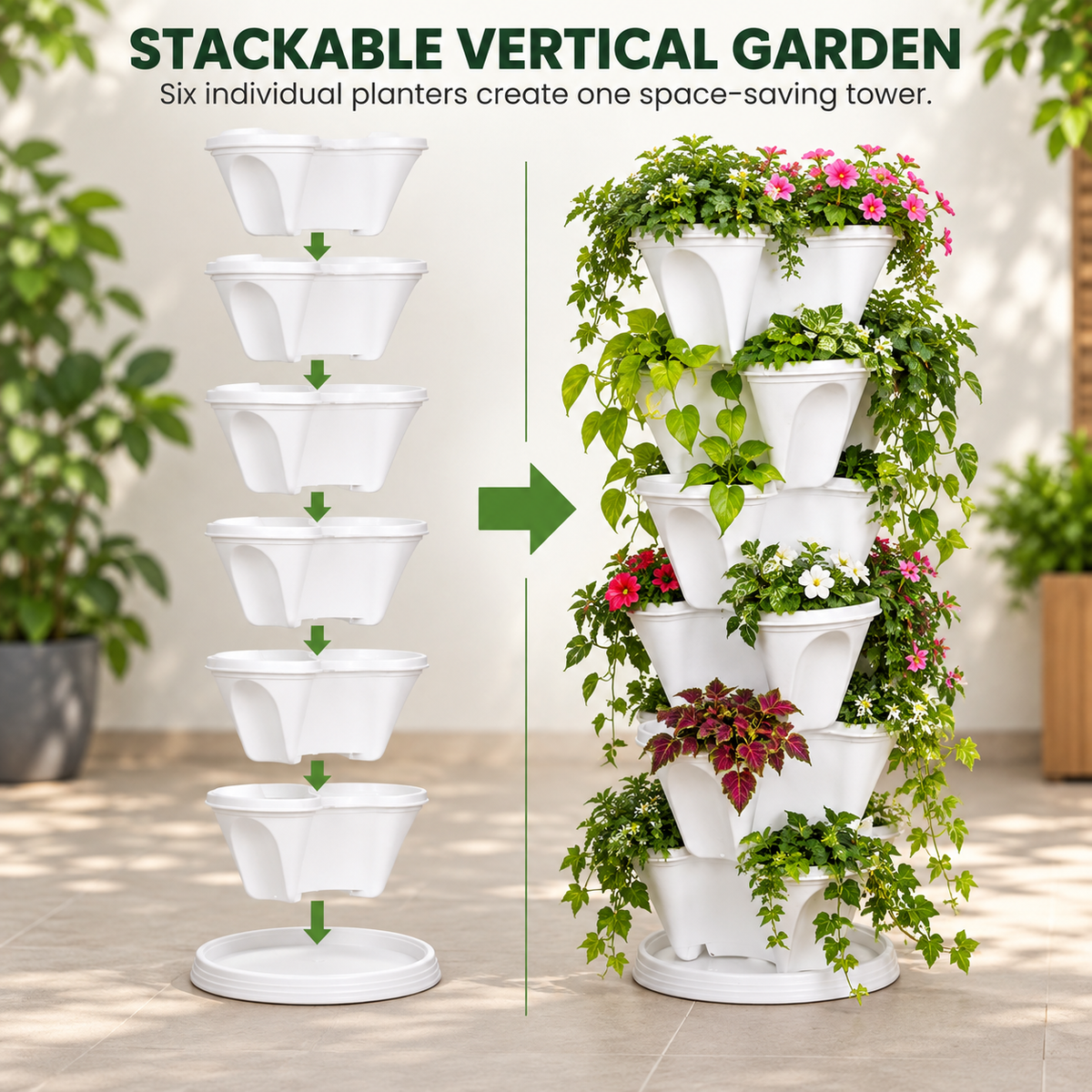 Stack-A-Pot Vertical Garden Tower – 6+1 Pots (Balcony/Terrace)