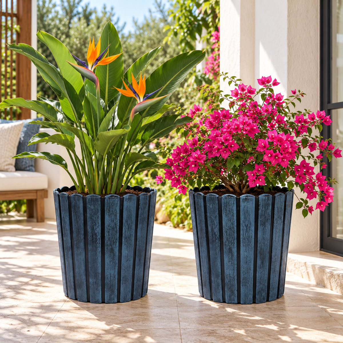 Ribbed Wood-Style Planter Pot Set of 2 – 12 Inch Round Indoor Outdoor Flower Pots for Home, Balcony, Terrace & Office Decor